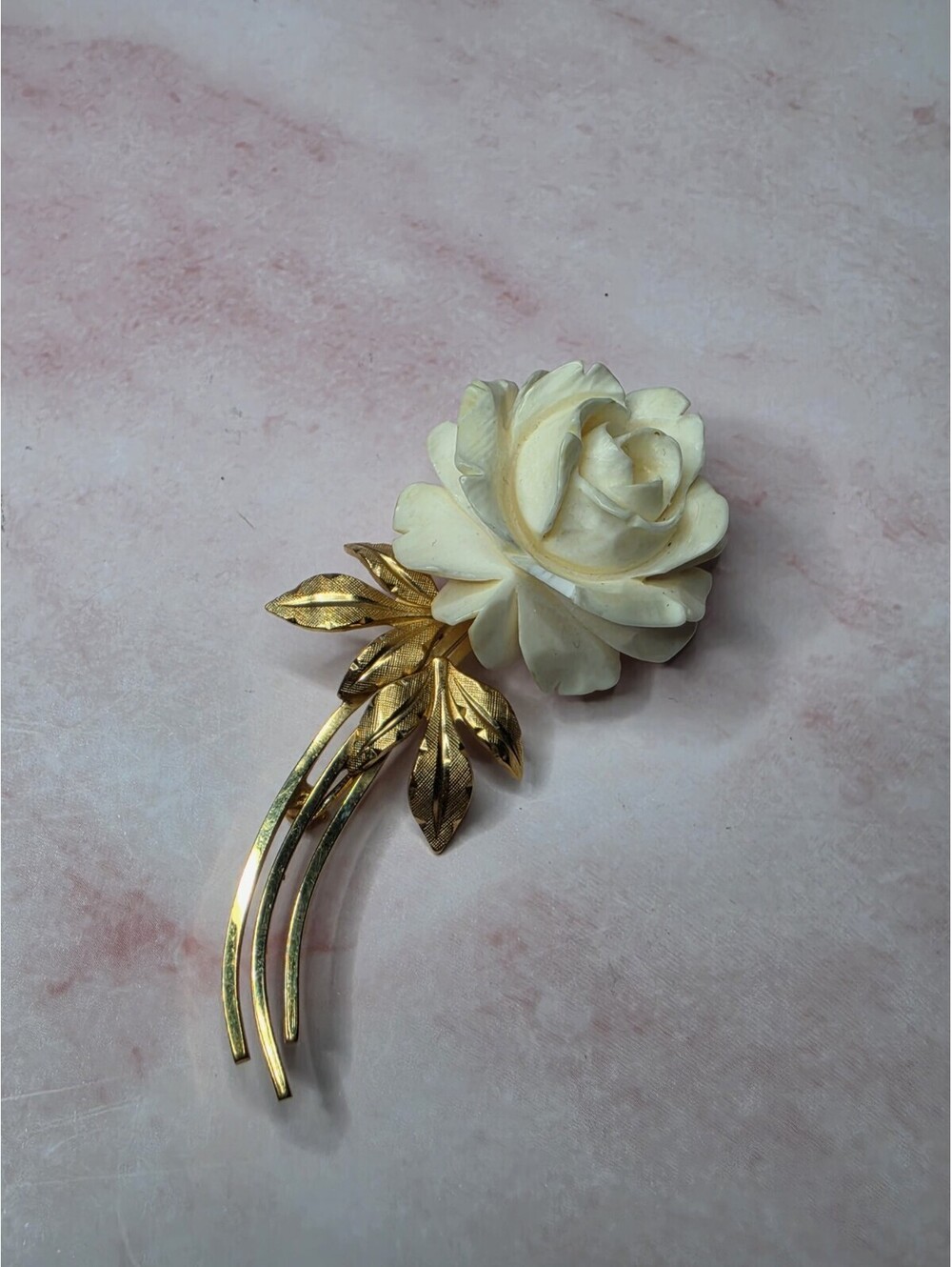 Vintage Signed Van Dell 12k GF Carved White Rose Brooch Pin